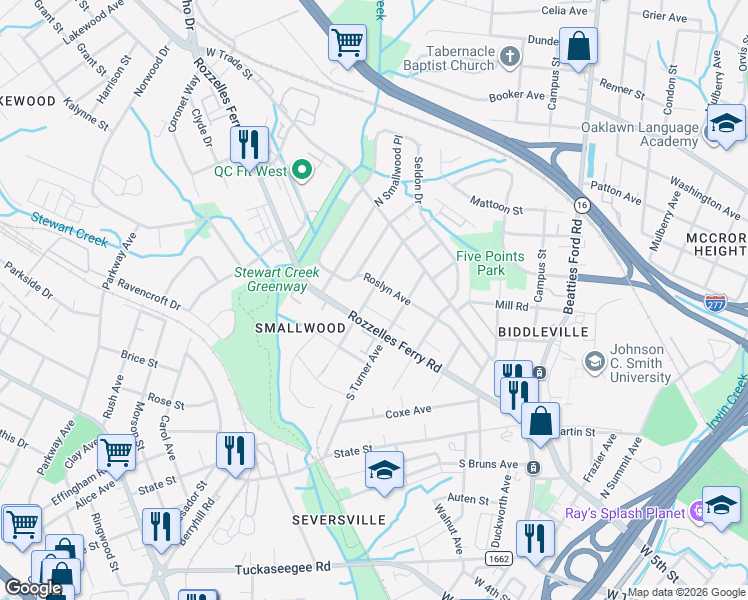 map of restaurants, bars, coffee shops, grocery stores, and more near 2314 Rozzelles Ferry Road in Charlotte