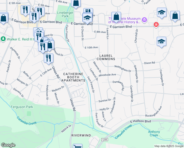 map of restaurants, bars, coffee shops, grocery stores, and more near 1321 Lynhurst Drive in Gastonia