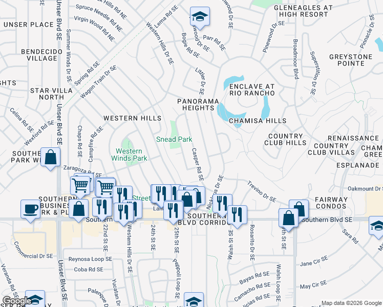 map of restaurants, bars, coffee shops, grocery stores, and more near 758 Snead Loop Southeast in Rio Rancho