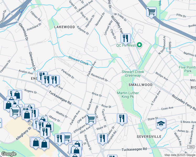 map of restaurants, bars, coffee shops, grocery stores, and more near 2901 Lake Avenue in Charlotte