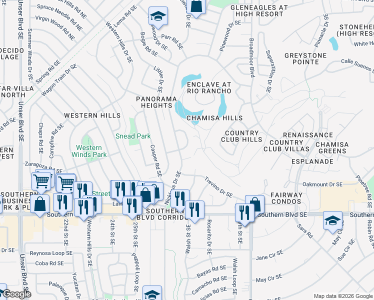 map of restaurants, bars, coffee shops, grocery stores, and more near 748 Nicklaus Drive Southeast in Rio Rancho