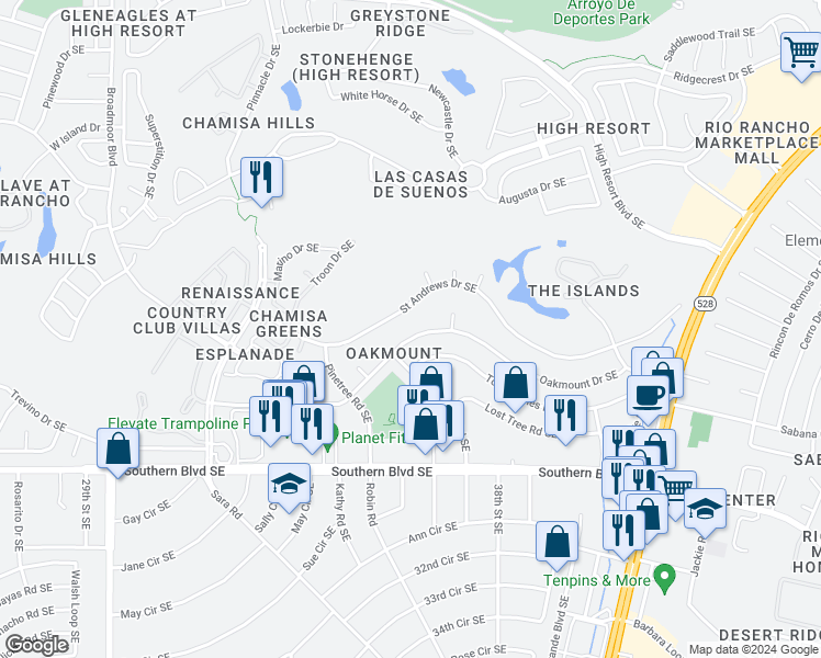 map of restaurants, bars, coffee shops, grocery stores, and more near 3604 Oakmount Drive Southeast in Rio Rancho