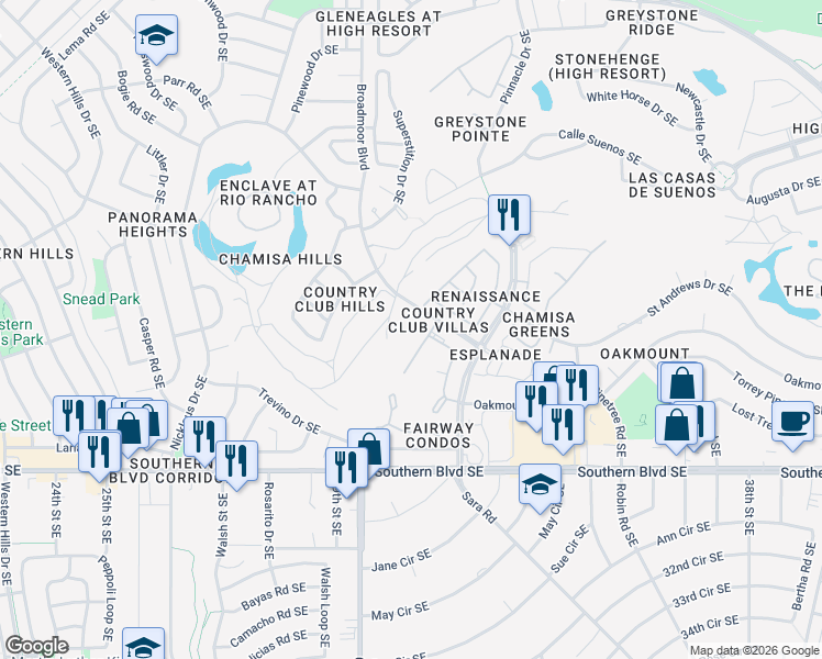 map of restaurants, bars, coffee shops, grocery stores, and more near 831 Country Club Drive Southeast in Rio Rancho