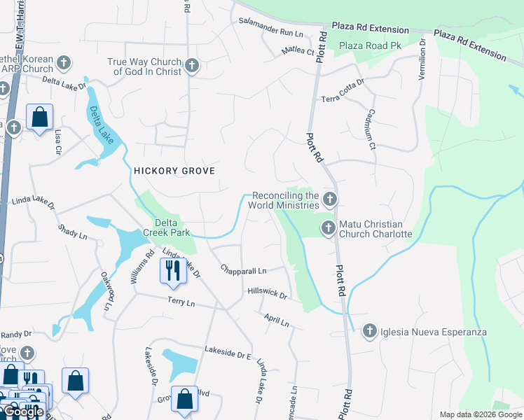 map of restaurants, bars, coffee shops, grocery stores, and more near 7229 Rothmore Street in Charlotte