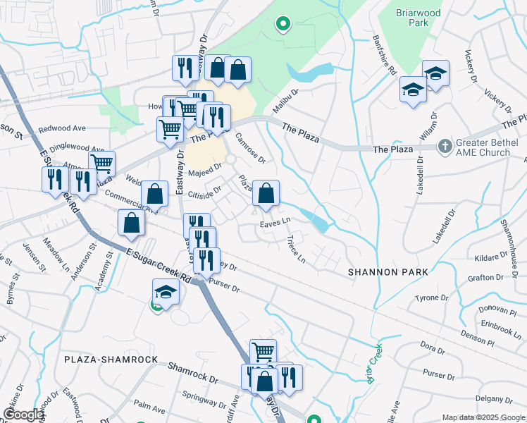 map of restaurants, bars, coffee shops, grocery stores, and more near 4405 Eaves Lane in Charlotte