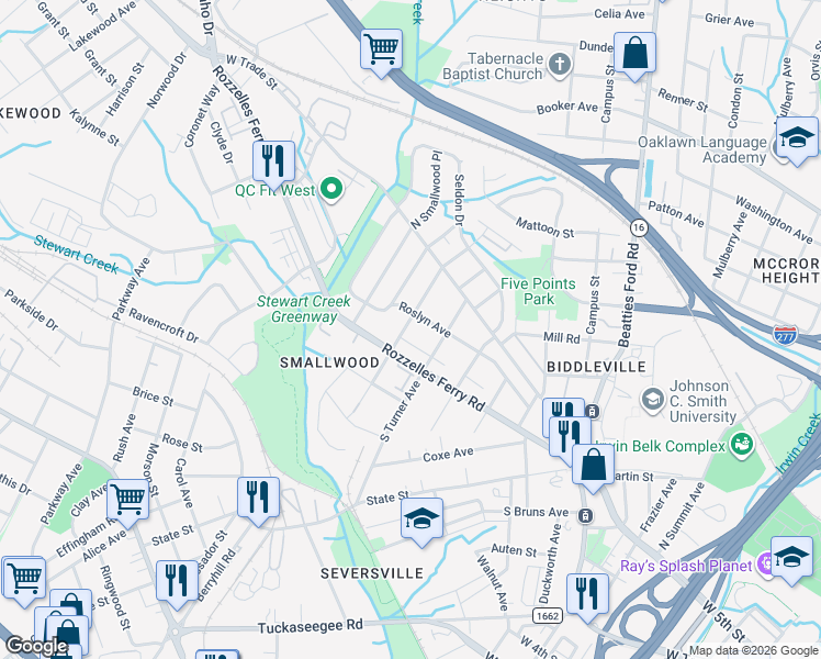 map of restaurants, bars, coffee shops, grocery stores, and more near in Charlotte