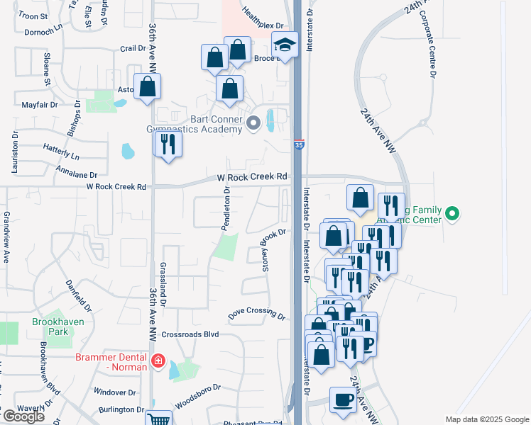 map of restaurants, bars, coffee shops, grocery stores, and more near 3196 Rock Creek Trail in Norman