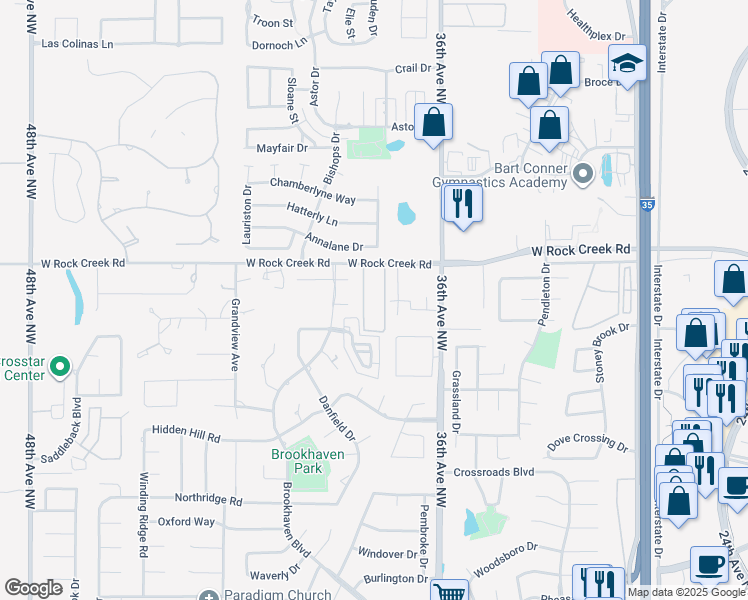map of restaurants, bars, coffee shops, grocery stores, and more near 3730 West Rock Creek Road in Norman