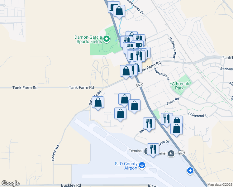 map of restaurants, bars, coffee shops, grocery stores, and more near 645 Tank Farm Road in San Luis Obispo