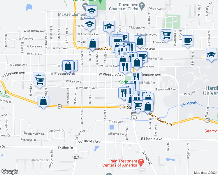 map of restaurants, bars, coffee shops, grocery stores, and more near 302 West Woodruff Avenue in Searcy