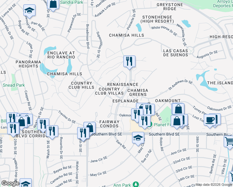 map of restaurants, bars, coffee shops, grocery stores, and more near 3153 Renaissance Drive Southeast in Rio Rancho