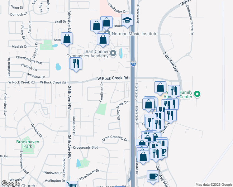 map of restaurants, bars, coffee shops, grocery stores, and more near 3100 West Rock Creek Road in Norman