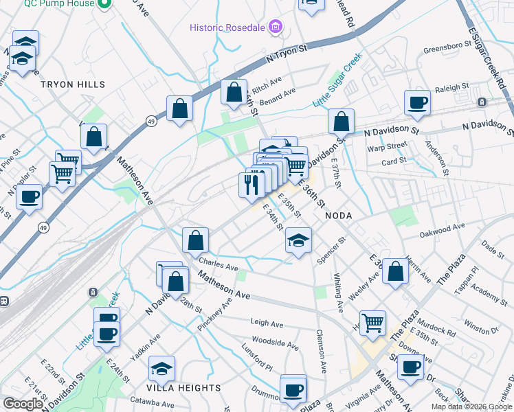 map of restaurants, bars, coffee shops, grocery stores, and more near 3040 Yadkin Avenue in Charlotte