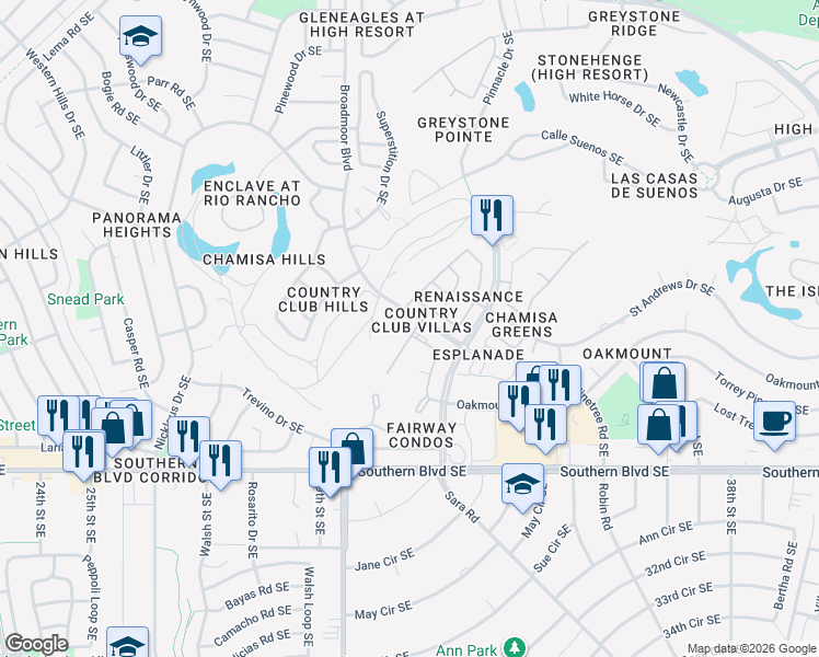 map of restaurants, bars, coffee shops, grocery stores, and more near 819 Country Club Drive Southeast in Rio Rancho
