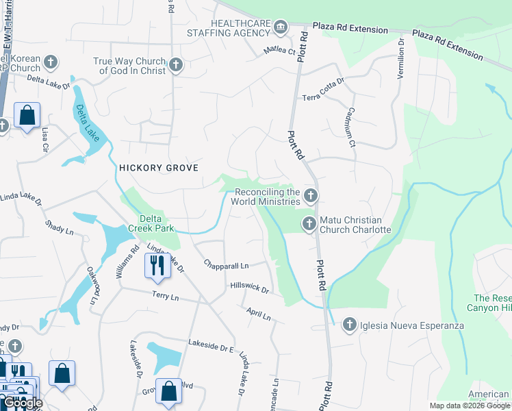 map of restaurants, bars, coffee shops, grocery stores, and more near 7229 Rothmore Street in Charlotte