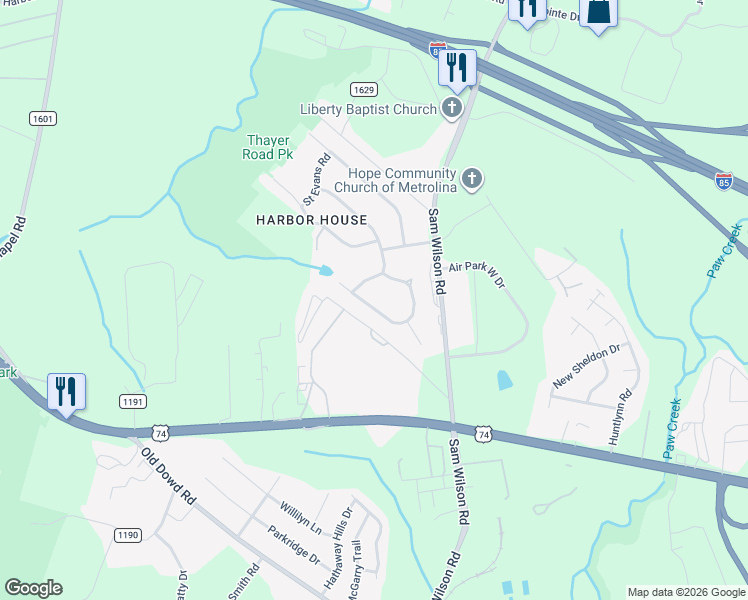 map of restaurants, bars, coffee shops, grocery stores, and more near 8816 Larchmont Circle in Charlotte
