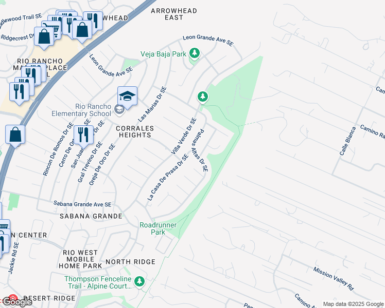 map of restaurants, bars, coffee shops, grocery stores, and more near 614 La Casa De Prasa Drive Southeast in Rio Rancho