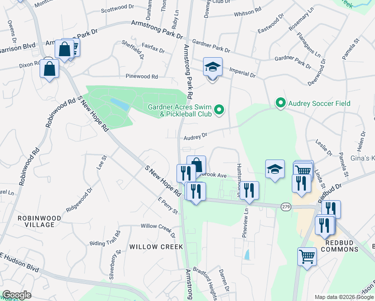 map of restaurants, bars, coffee shops, grocery stores, and more near 1253 Carriage House Lane in Gastonia
