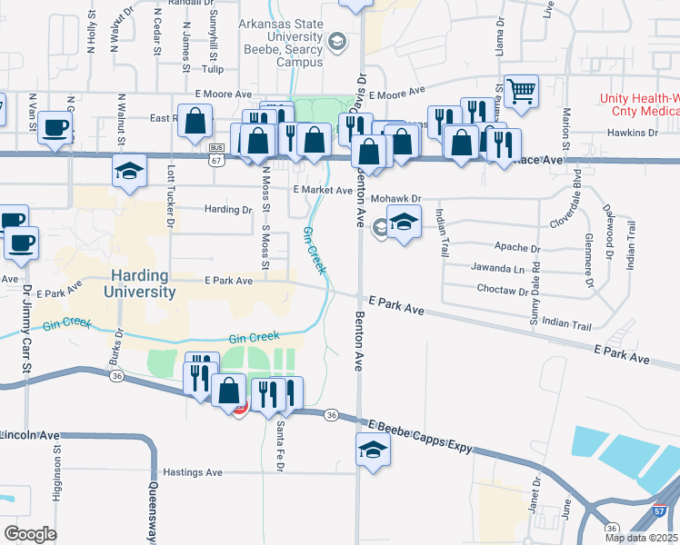 map of restaurants, bars, coffee shops, grocery stores, and more near 2002 East Park Avenue in Searcy