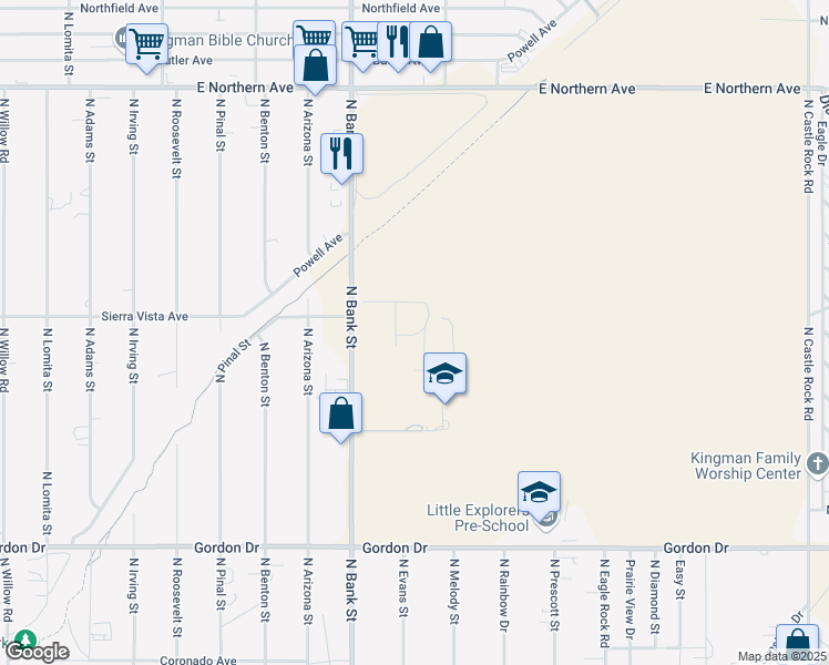 map of restaurants, bars, coffee shops, grocery stores, and more near 4182 North Bank Street in Kingman