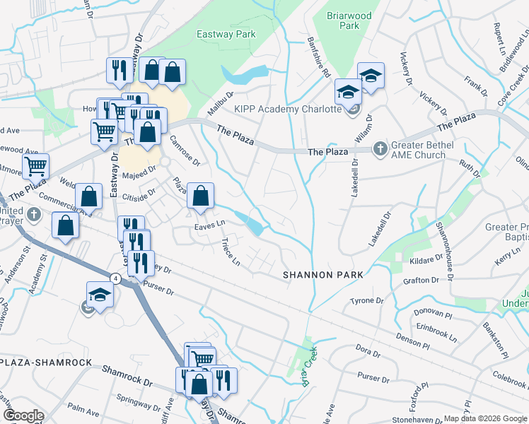 map of restaurants, bars, coffee shops, grocery stores, and more near 1104 New Day Court in Charlotte