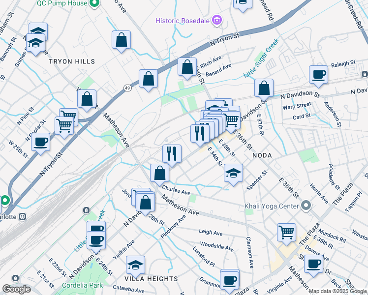 map of restaurants, bars, coffee shops, grocery stores, and more near 3006 North Davidson Street in Charlotte