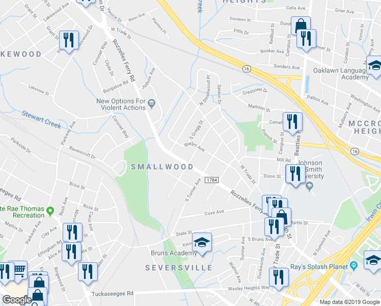 map of restaurants, bars, coffee shops, grocery stores, and more near 2409 Rozzelles Ferry Road in Charlotte