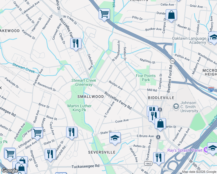 map of restaurants, bars, coffee shops, grocery stores, and more near 2405 State Road 1784 in Charlotte