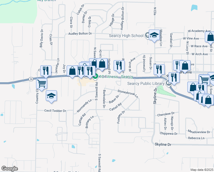 map of restaurants, bars, coffee shops, grocery stores, and more near 8 Barksdale Drive in Searcy