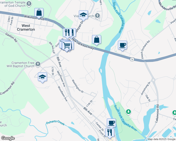 map of restaurants, bars, coffee shops, grocery stores, and more near 3048 Misty Harbor Circle in Cramerton