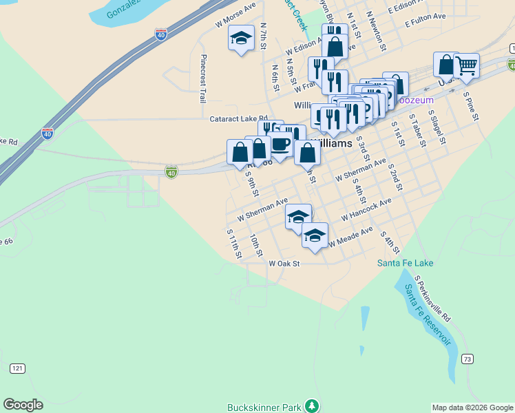 map of restaurants, bars, coffee shops, grocery stores, and more near 300 South 9th Street in Williams