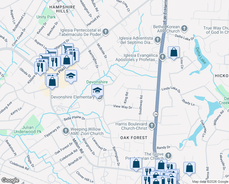 map of restaurants, bars, coffee shops, grocery stores, and more near 5233 Possum Trot Lane in Charlotte