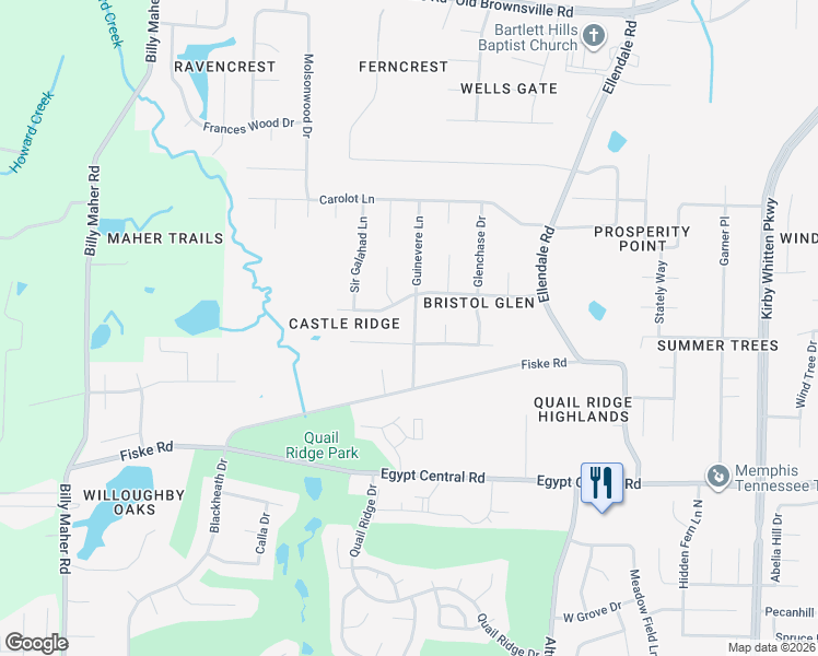 map of restaurants, bars, coffee shops, grocery stores, and more near 4393 Guinevere Lane in Bartlett
