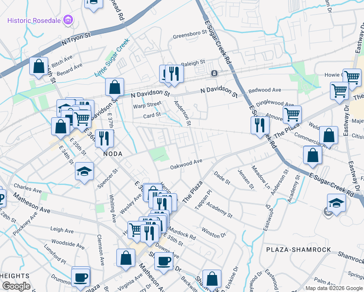 map of restaurants, bars, coffee shops, grocery stores, and more near 3515 Spencer Street in Charlotte