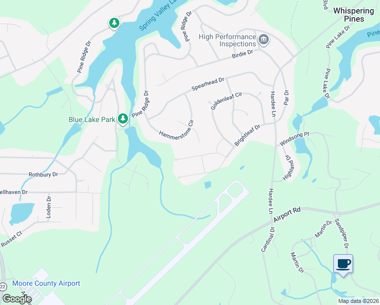 map of restaurants, bars, coffee shops, grocery stores, and more near 302 Brightleaf Drive in Whispering Pines