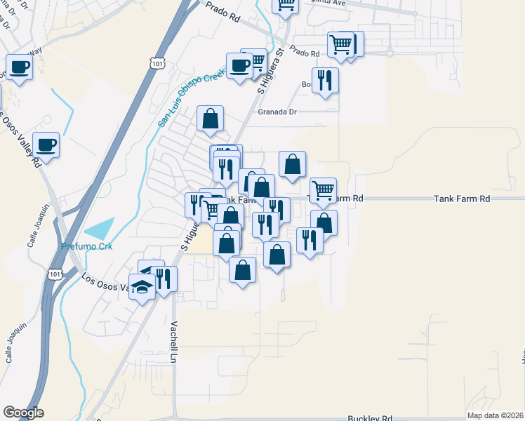 map of restaurants, bars, coffee shops, grocery stores, and more near 187 Tank Farm Road in San Luis Obispo
