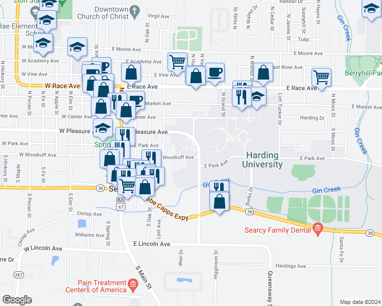 map of restaurants, bars, coffee shops, grocery stores, and more near 700 East Woodruff Avenue in Searcy