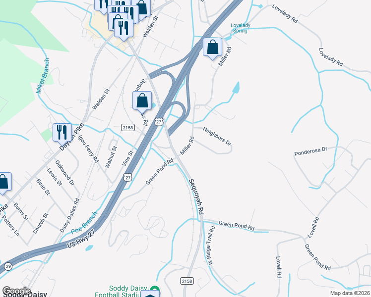 map of restaurants, bars, coffee shops, grocery stores, and more near 9989 Miller Road in Soddy-Daisy
