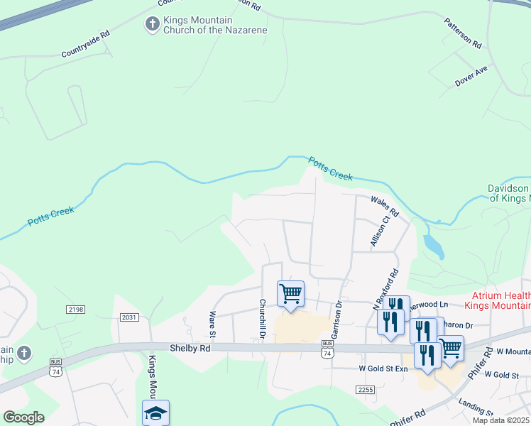 map of restaurants, bars, coffee shops, grocery stores, and more near 525 Coman Lane in Kings Mountain