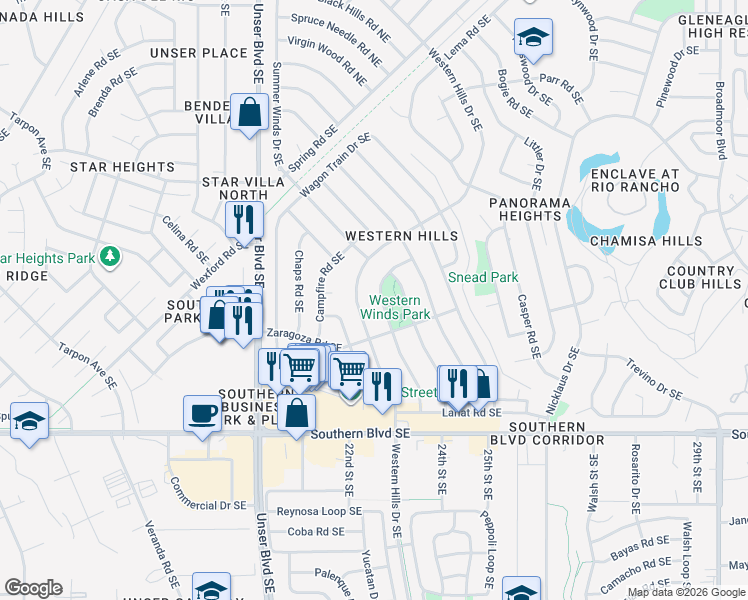 map of restaurants, bars, coffee shops, grocery stores, and more near 683 Chuckwagon Road Southeast in Rio Rancho