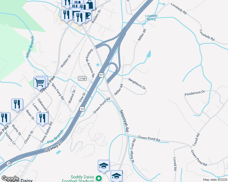 map of restaurants, bars, coffee shops, grocery stores, and more near 9989 Miller Road in Soddy-Daisy
