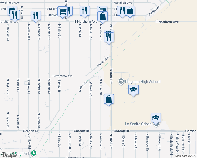 map of restaurants, bars, coffee shops, grocery stores, and more near 4255 N Arizona St in Kingman