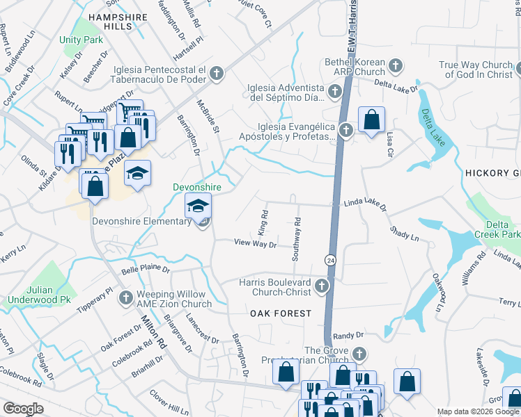 map of restaurants, bars, coffee shops, grocery stores, and more near 8058 Linda Lake Drive in Charlotte