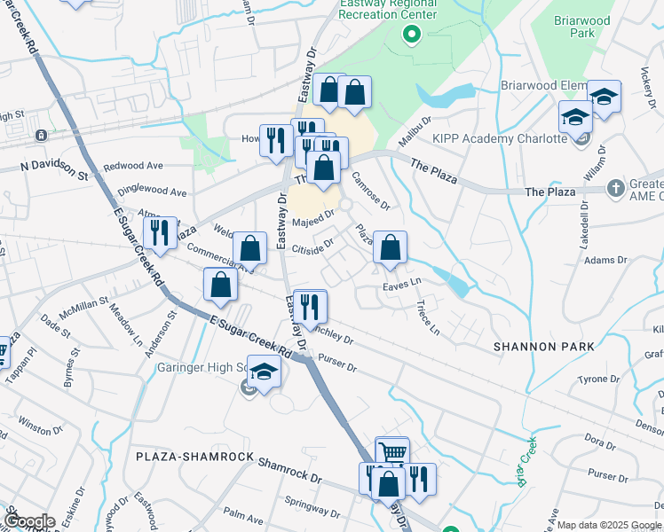 map of restaurants, bars, coffee shops, grocery stores, and more near 3605 Citiside Drive in Charlotte