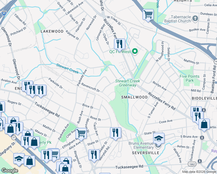 map of restaurants, bars, coffee shops, grocery stores, and more near 717 September Lane in Charlotte