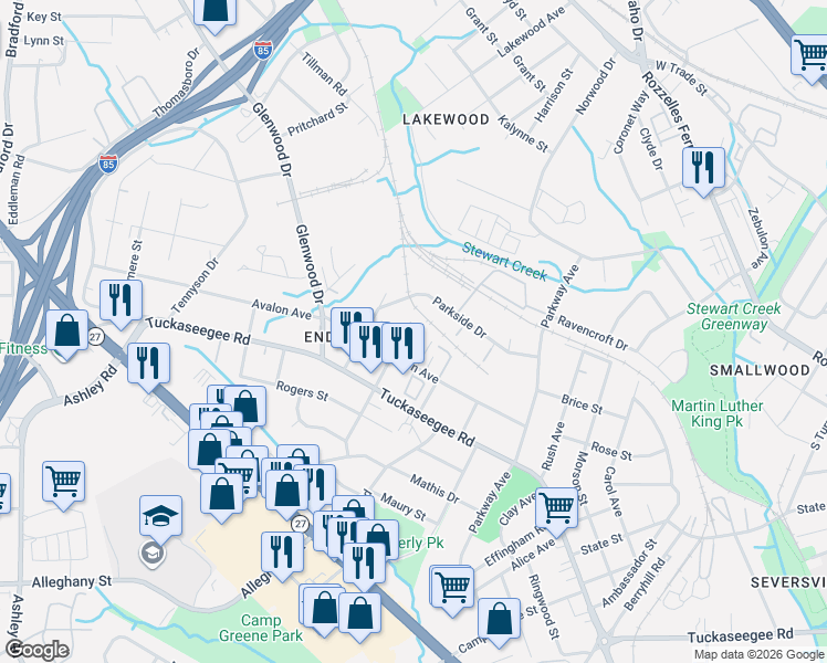 map of restaurants, bars, coffee shops, grocery stores, and more near 3301 Parkside Drive in Charlotte