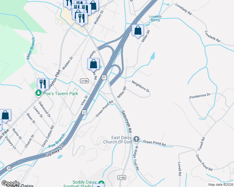 map of restaurants, bars, coffee shops, grocery stores, and more near 9973 Miller Road in Soddy-Daisy