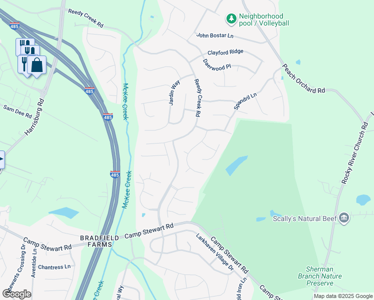 map of restaurants, bars, coffee shops, grocery stores, and more near 11009 Okeefe Court in Charlotte