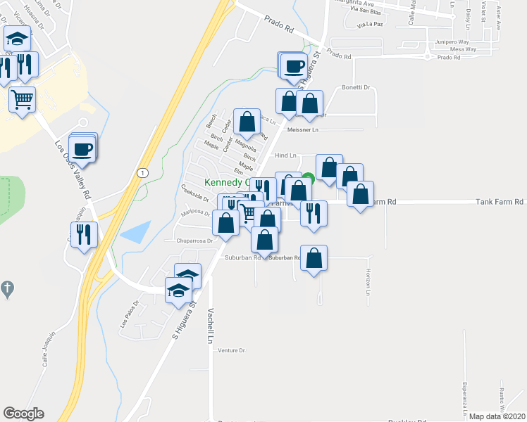 map of restaurants, bars, coffee shops, grocery stores, and more near 110 Tank Farm Road in San Luis Obispo