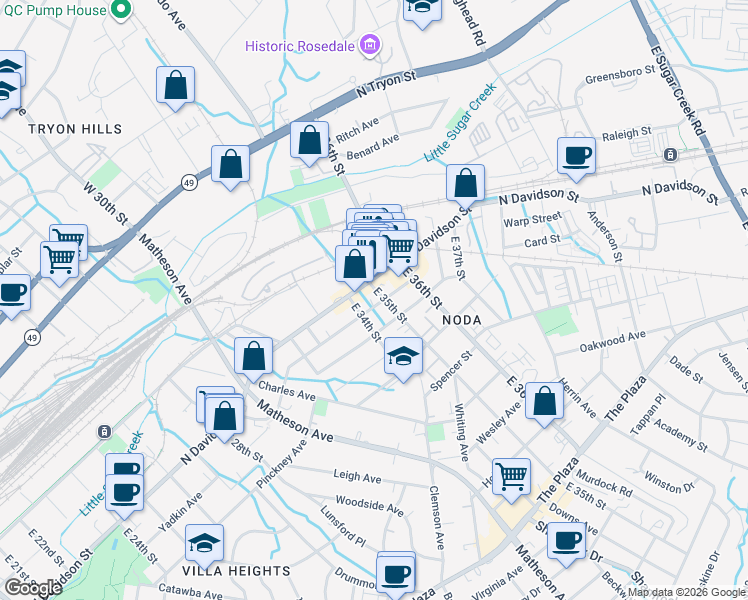 map of restaurants, bars, coffee shops, grocery stores, and more near in Charlotte